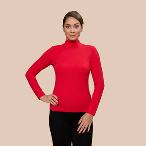 Mock Neck Long Sleeve Luxury Layering Top or Shell in Bright Red made sustainably in the USA by Adea Clothing with silky soft Italian fabric front view.