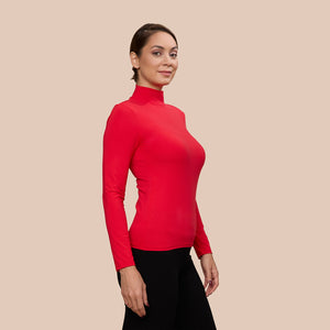 Mock Neck Long Sleeve Luxury Layering Top or Shell in Bright Red made sustainably in the USA by Adea Clothing with silky soft Italian fabric side view.