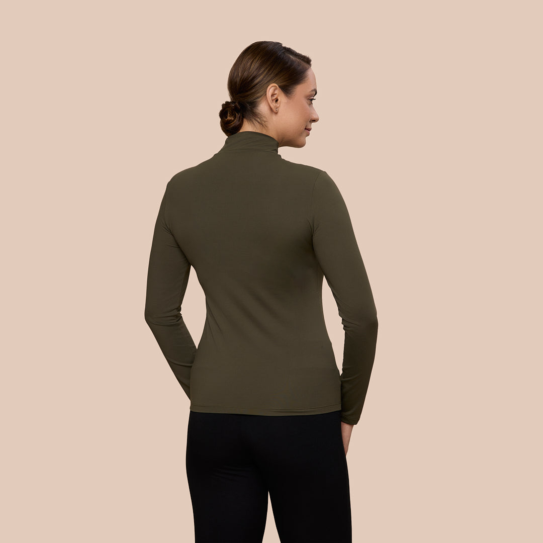 Mock Neck Long Sleeve Luxury Layering Top or Shell in Olive made sustainably in the USA by Adea Clothing with silky soft Italian fabric back view.