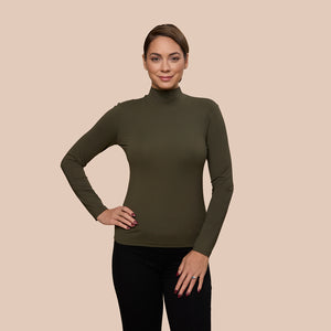 Mock Neck Long Sleeve Luxury Layering Top or Shell in Olivemade sustainably in the USA by Adea Clothing with silky soft Italian fabric front view.