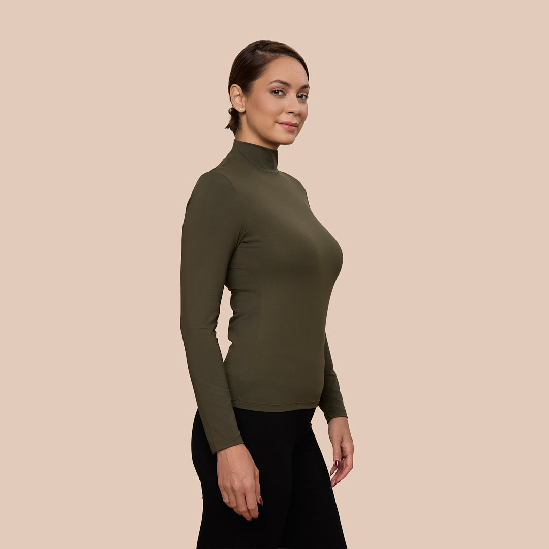 Mock Neck Long Sleeve Luxury Layering Top or Shell in Olive made sustainably in the USA by Adea Clothing with silky soft Italian fabric side view.