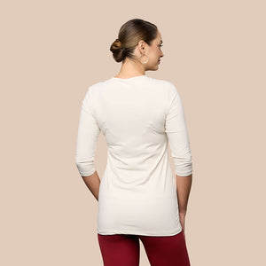 3/4 Sleeve Crew Neck Tunic Luxury Layering Top or Shell in Off-White made sustainably in the USA by Adea Clothing with silky soft Italian fabric back view.
