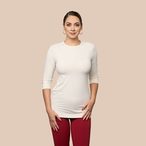 3/4 Sleeve Crew Neck Tunic Luxury Layering Top or Shell in Off-White made sustainably in the USA by Adea Clothing with silky soft Italian fabric front view.