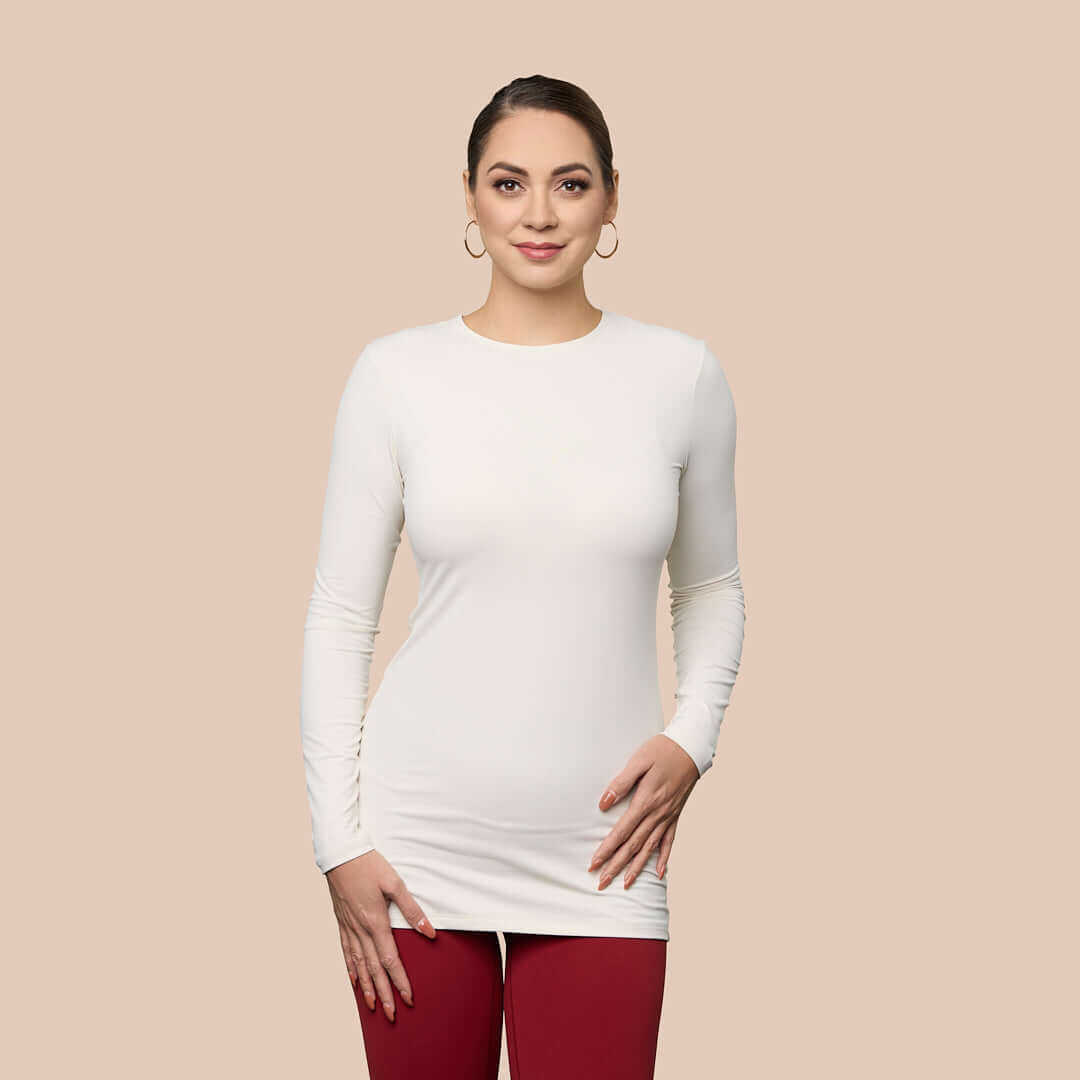 Long Sleeve Crew Neck Tunic Luxury Layering Top or Shell in Off-White made sustainably in the USA by Adea Clothing with silky soft Italian fabric front view.