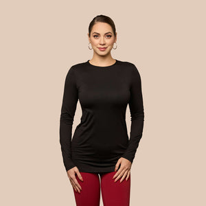 Long Sleeve Crew Neck Tunic Luxuy Layering Top or Shell in Black made sustainably in the USA by Adea Clothing with silky soft Italian fabric front view.