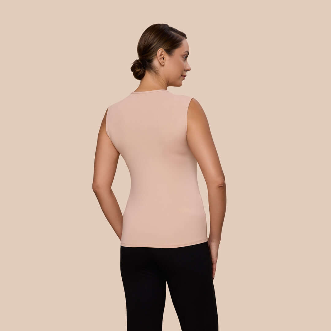 Sleeveless Crew Neck Luxury Layering Top or Shell in Ballet made sustainably in the USA by Adea Clothing with silky soft Italian fabric back view.