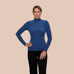 Rib Mock Neck Luxury Layering Top in Dark Blue - FINAL SALE made sustainably in the USA by Adea Clothing with silky soft Italian fabric front view