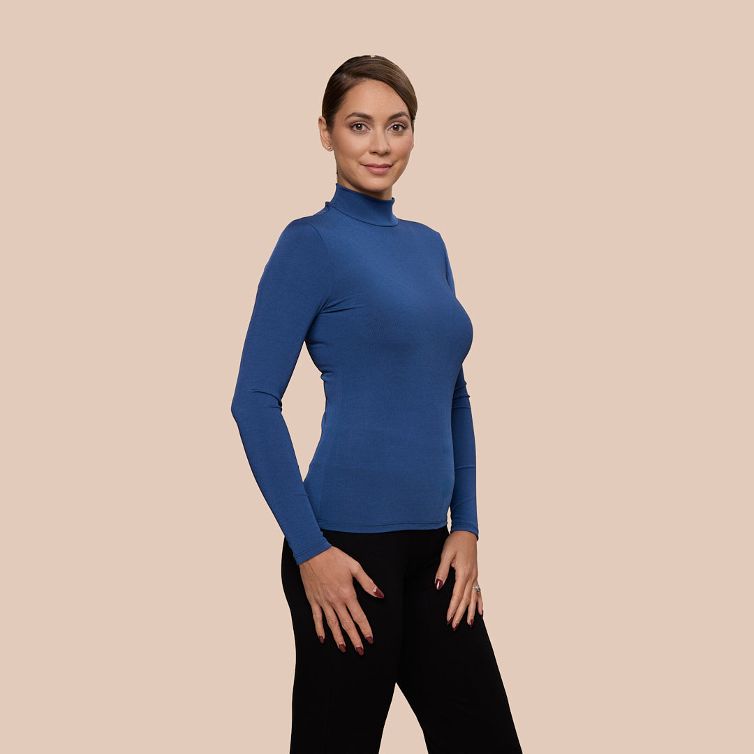 Rib Mock Neck Luxury Layering Top in Dark Blue - FINAL SALE made sustainably in the USA by Adea Clothing with silky soft Italian fabric side view