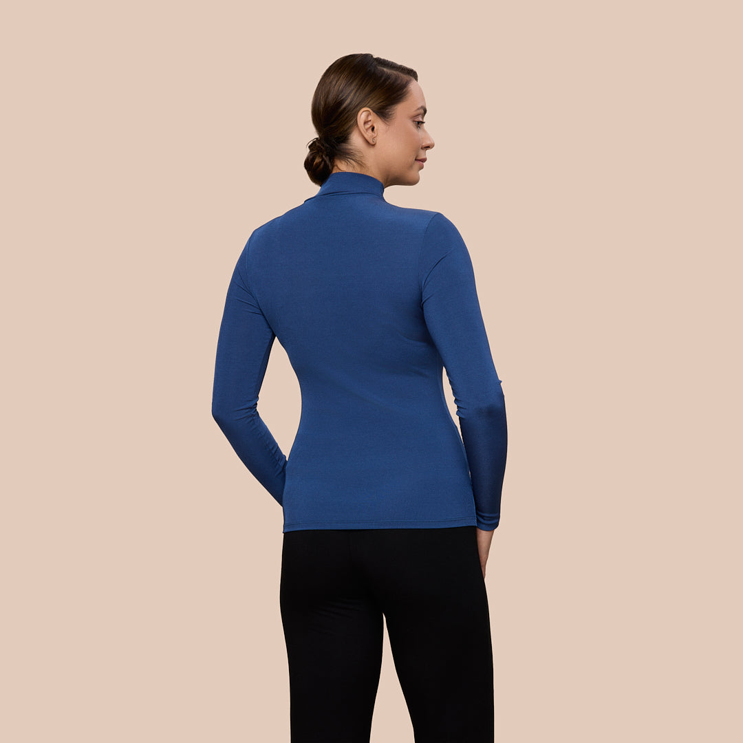 Rib Mock Neck Luxury Layering Top in Dark Blue- FINAL SALE made sustainably in the USA by Adea Clothing with silky soft Italian fabric back view