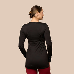 Long Sleeve Crew Neck Tunic Luxury Layering Top or Shell in Black made sustainably in the USA by Adea Clothing with silky soft Italian fabric back view.