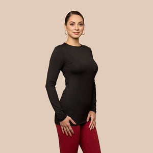 Long Sleeve Crew Neck Tunic Luxury Layering Top or Shell in Black made sustainably in the USA by Adea Clothing with silky soft Italian fabric side view.