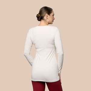 Long Sleeve Crew Neck Tunic Luxury Layering Top or Shell in Off-White made sustainably in the USA by Adea Clothing with silky soft Italian fabric back view.