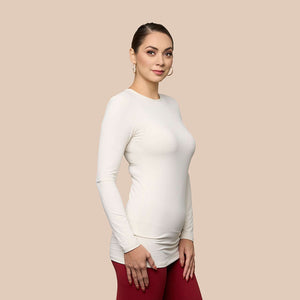 Long Sleeve Crew Neck Tunic Layering Top or Shell in Off-White made sustainably in the USA by Adea Clothing with silky soft Italian fabric side view.