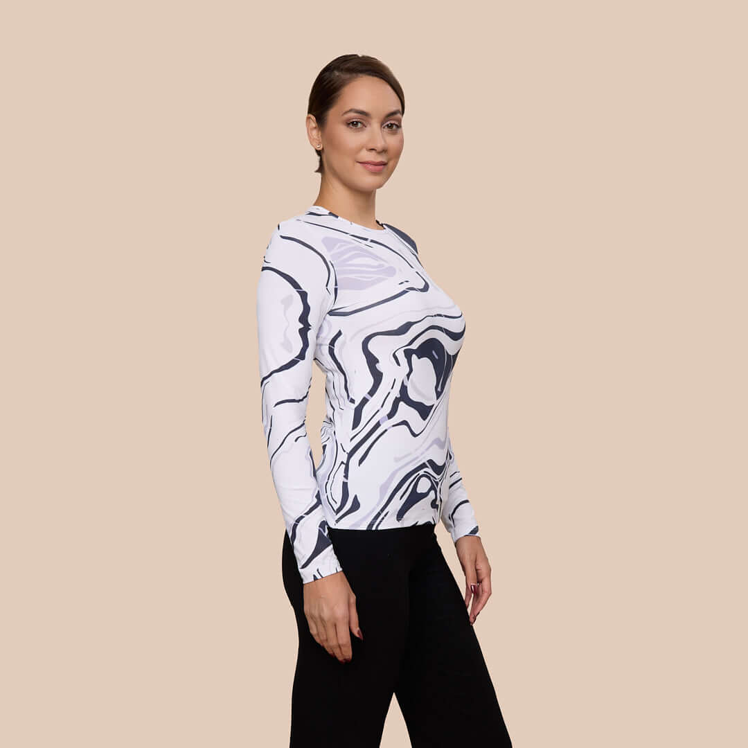 Long Sleeve Crew Neck (Discontinued Color)- FINAL SALE worn by model, showcasing the Mod Marble design from Adea Clothing.