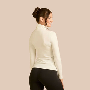 Long Sleeve Turtleneck Luxury Layering Top or Shell in Off-White made sustainably in the USA by Adea Clothing with silky soft Italian fabric back view.