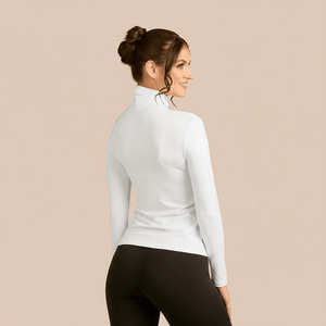 Long Sleeve Turtleneck Luxury Layering Top or Shell in White made sustainably in the USA by Adea Clothing with silky soft Italian fabric back view.