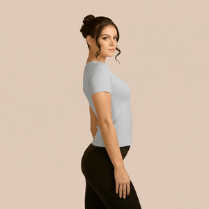 Short Sleeve Crew Neck Luxury Layering Top or Shell in Light Grey made sustainably in the USA by Adea Clothing with silky soft Italian fabric side view.