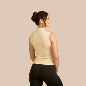 Sleeveless Mock Neck Luxury Layering Top or Shell in Khaki made sustainably in the USA by Adea Clothing with silky soft Italian fabric back view.