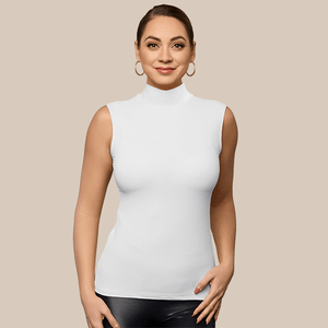 Sleeveless Mock Neck Luxury Layering Top or Shell in White made sustainably in the USA by Adea Clothing with silky soft Italian fabric front view.