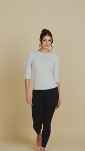 3/4 Sleeve Crew Neck Luxury Layering Top or Shell in Light Grey made sustainably in the USA by Adea Clothing with silky soft Italian fabric V-neck runway video.