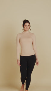 Mock Neck Long Sleeve Luxury Layering Top or Shell in Blush Nude made sustainably in the USA by Adea Clothing with silky soft Italian fabric runway video.