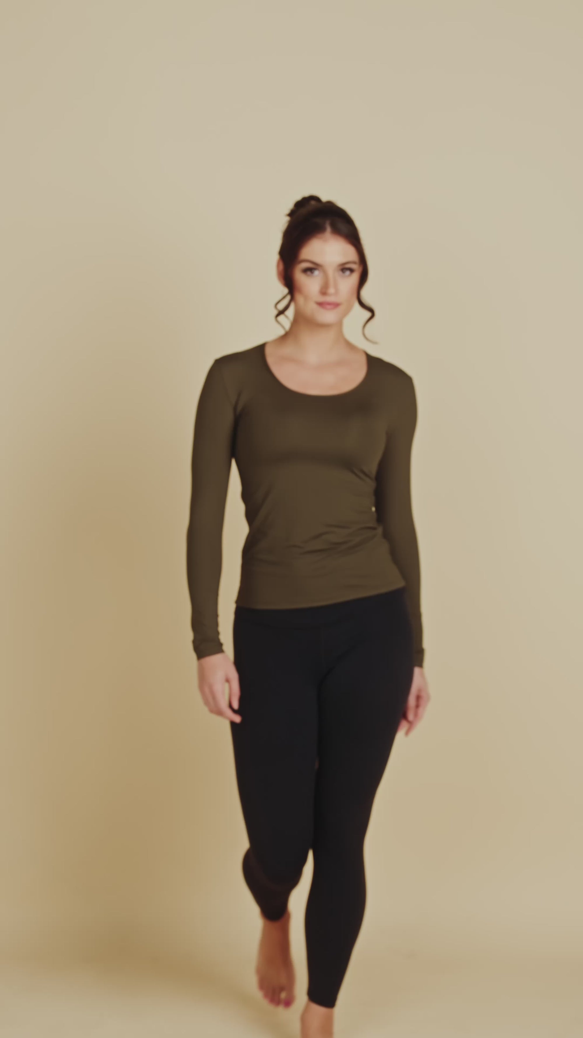 Long Sleeve Scoop Neck Luxury Layering Top or Shell in Charcoal made sustainably in the USA by Adea Clothing with silky soft Italian fabric runway video.