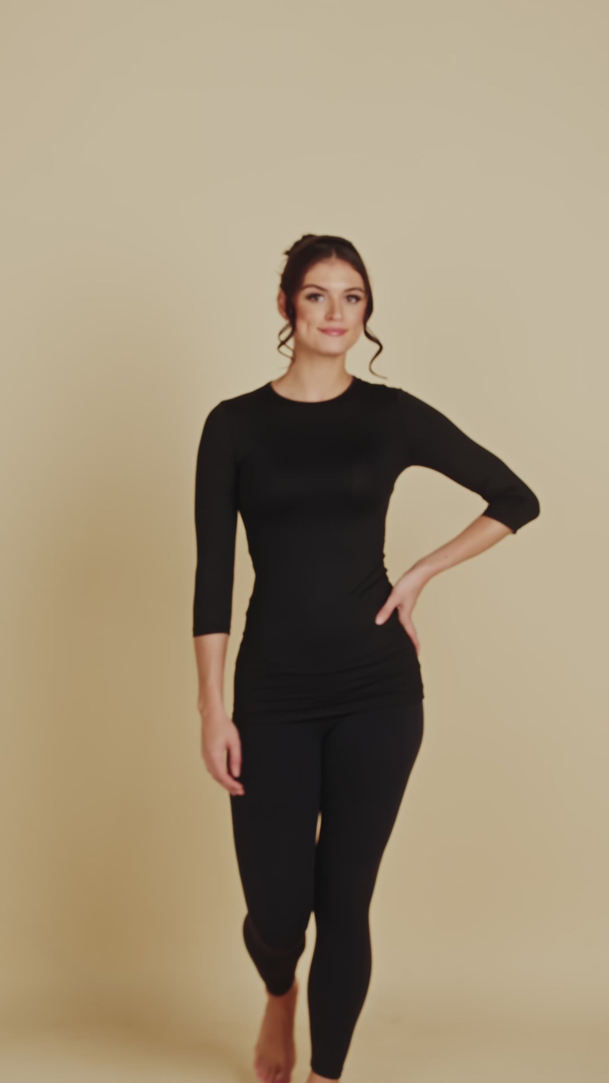 3/4 Sleeve Crew Neck Tunic Luxury Layering Top or Shell in Off-White made sustainably in the USA by Adea Clothing with silky soft Italian fabric runway video.