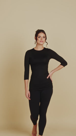 3/4 Sleeve Crew Neck Tunic Luxury Layering Top or Shell in Off-White made sustainably in the USA by Adea Clothing with silky soft Italian fabric runway video.