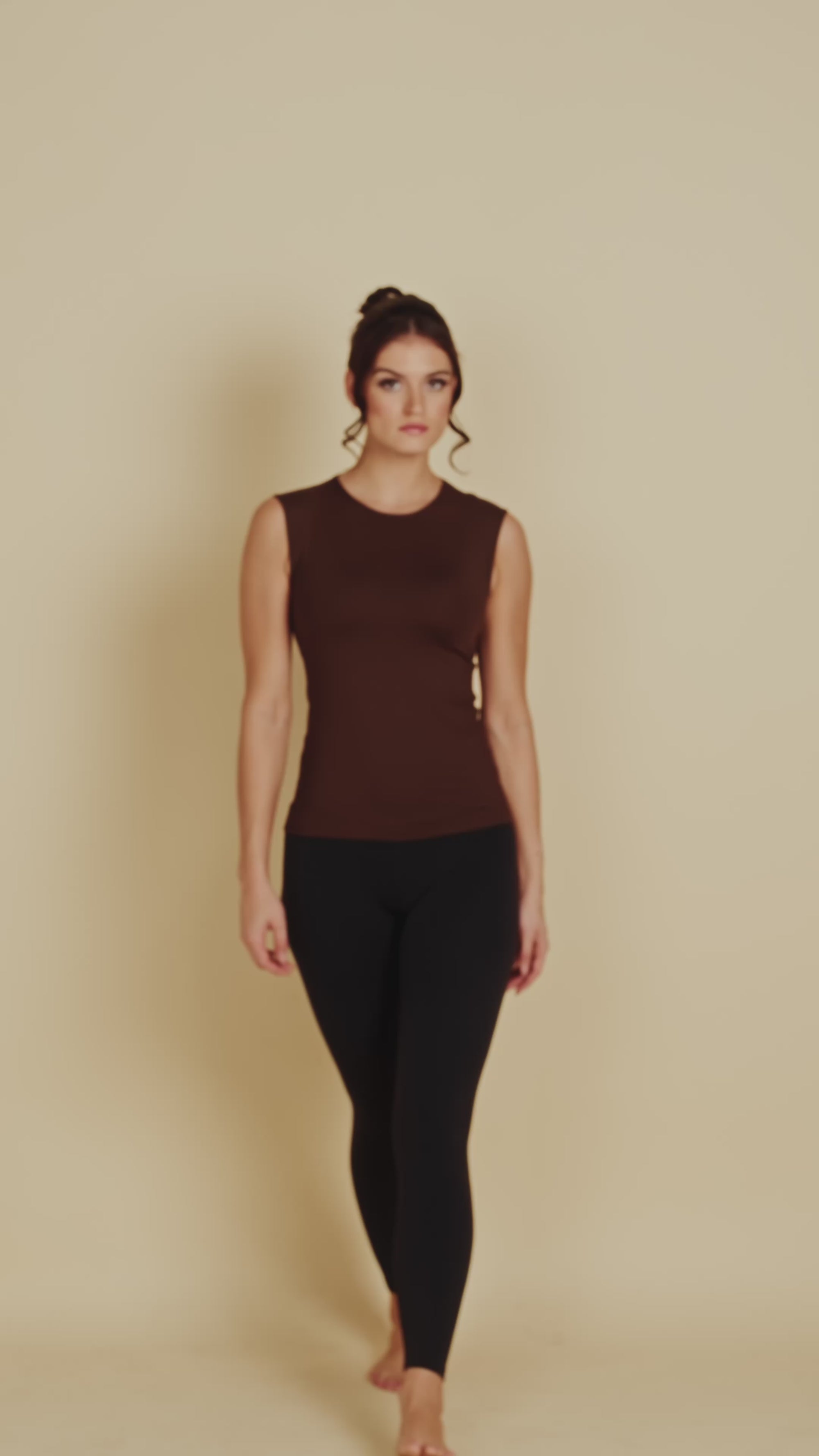 Sleeveless Crew Neck Luxury Layering Top or Shell in Chocolate made sustainably in the USA by Adea Clothing with silky soft Italian fabric runway video.