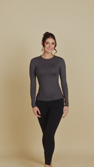 Long Sleeve Crew Neck Luxury Layering Top or Shell in Charcoal made sustainably in the USA by Adea Clothing with silky soft Italian fabric runway video.