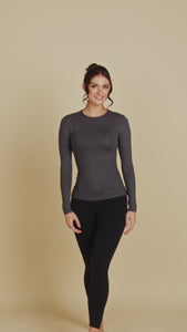 Long Sleeve Crew Neck Luxury Layering Top or Shell in Charcoal made sustainably in the USA by Adea Clothing with silky soft Italian fabric runway video.