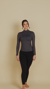 Mock Neck Long Sleeve Luxury Layering Top or Shell in Charcoal made sustainably in the USA by Adea Clothing with silky soft Italian fabric runway video.