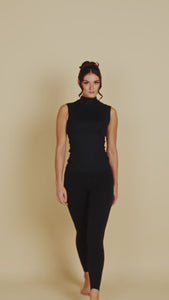 Sleeveless Mock Neck Luxury Layering Top or Shell in Black made sustainably in the USA by Adea Clothing with silky soft Italian fabric runway video.