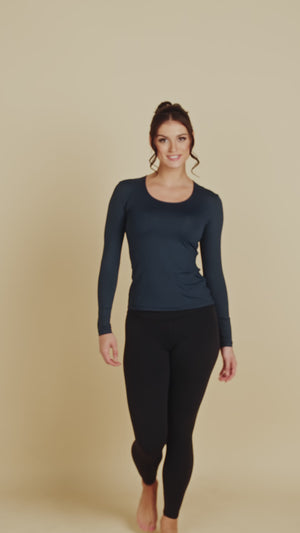 Long Sleeve Scoop Neck Luxury Layering Top or Shell in Charcoal made sustainably in the USA by Adea Clothing with silky soft Italian fabric runway video