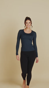 Long Sleeve Scoop Neck Luxury Layering Top or Shell in Charcoal made sustainably in the USA by Adea Clothing with silky soft Italian fabric runway video