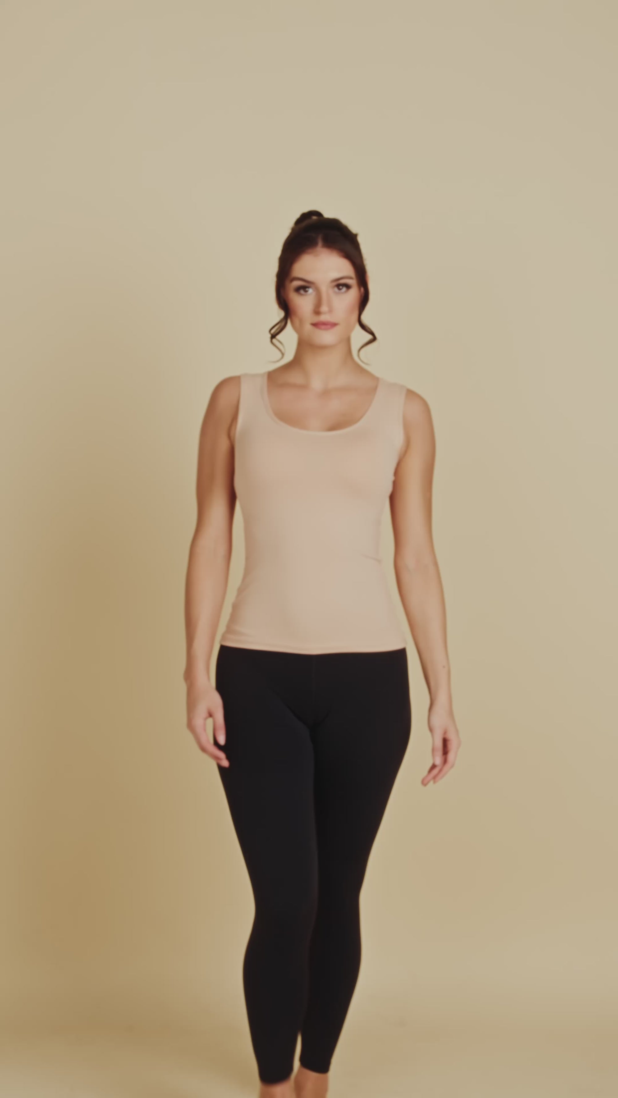 Bra-Friendly Luxury Camisole (Tank Top) in Blush Nude made sustainably in the USA by Adea Clothing with silky soft Italian fabric runway video.