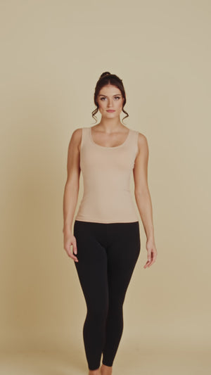 Bra-Friendly Luxury Camisole (Tank Top) in Blush Nude made sustainably in the USA by Adea Clothing with silky soft Italian fabric runway video.