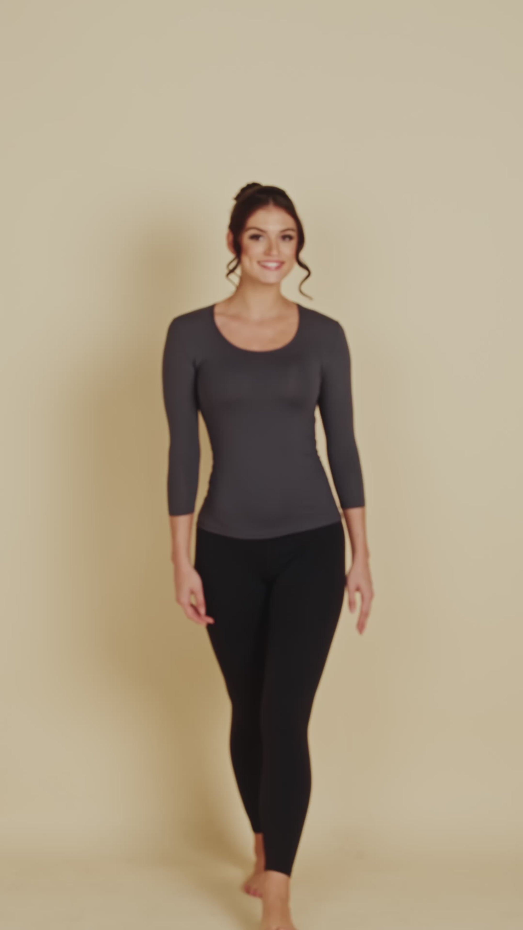 3/4 Sleeve Scoop Neck Luxury Layering Top or Shell in Charcoal made sustainably in the USA by Adea Clothing with silky soft Italian fabric runway video