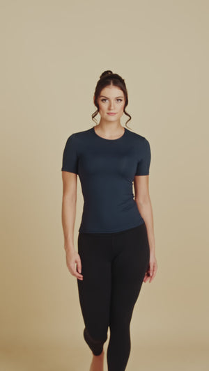 Short Sleeve Crew Neck Luxury Layering Top or Shell in Dark Navy made sustainably in the USA by Adea Clothing with silky soft Italian fabric runway video.