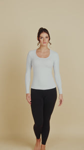 Long Sleeve Scoop Neck Luxury Layering Top or Shell in Light Grey made sustainably in the USA by Adea Clothing with silky soft Italian fabric runway video.