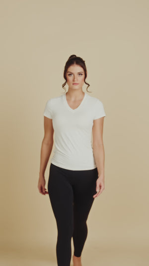 Cap Sleeve V-Neck Luxury Layering Top in White made sustainably in the USA by Adea Clothing with silky soft Italian fabric runway video.