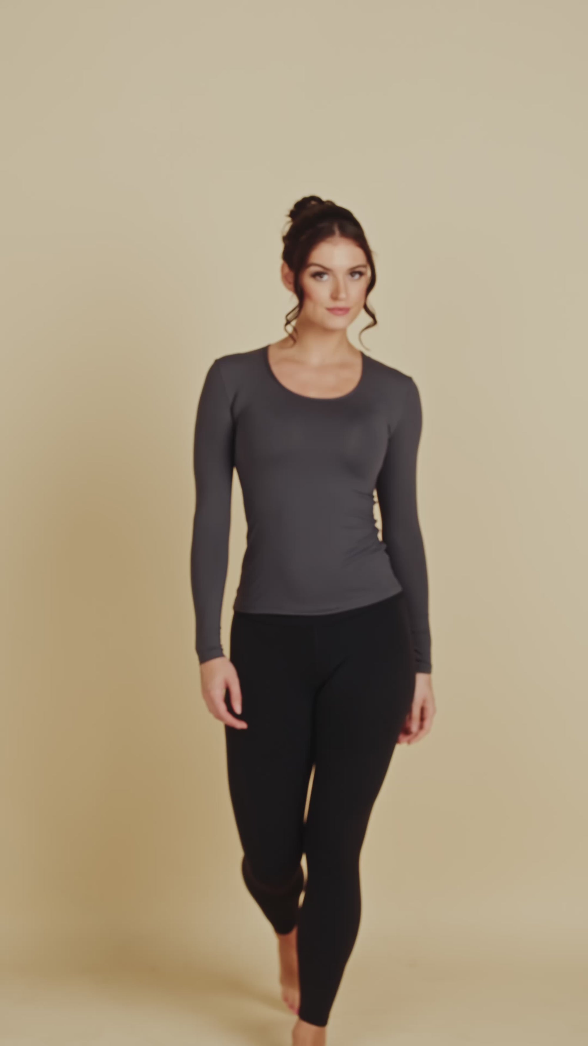 Long Sleeve Scoop Neck Luxury Layering Top or Shell in Charcoal made sustainably in the USA by Adea Clothing with silky soft Italian fabric runway video.
