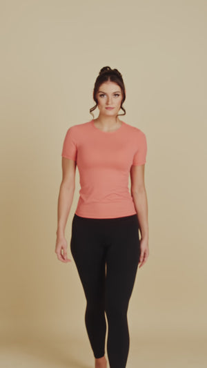 Short Sleeve Crew Neck Luxury Layering Top or Shell in Black made sustainably in the USA by Adea Clothing with silky soft Italian fabric runway video.