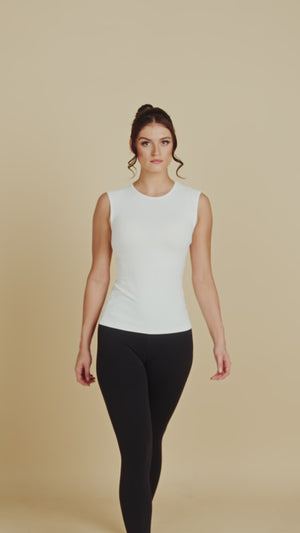 Sleeveless Crew Neck Luxury Layering Top or Shell in Chocolate made sustainably in the USA by Adea Clothing with silky soft Italian fabric runway video.