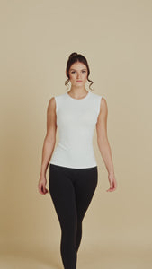 Sleeveless Crew Neck Luxury Layering Top or Shell in Chocolate made sustainably in the USA by Adea Clothing with silky soft Italian fabric runway video.