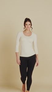 3/4 Sleeve Scoop Neck Luxury Layering Top or Shell in Black made sustainably in the USA by Adea Clothing with silky soft Italian fabric runway video.