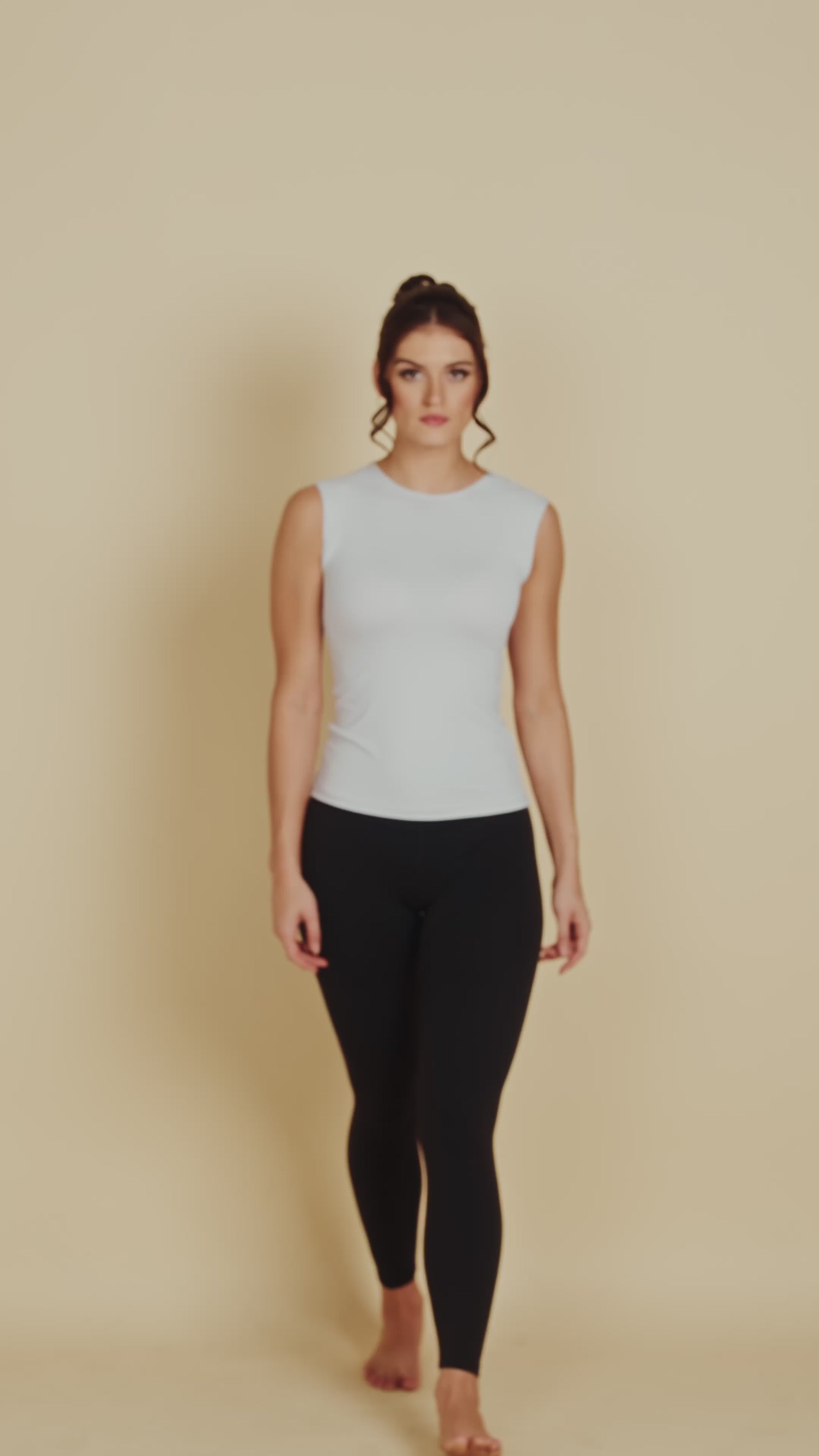 Sleeveless Crew Neck Luxury Layering Top or Shell in Light Grey made sustainably in the USA by Adea Clothing with silky soft Italian fabric runway video.