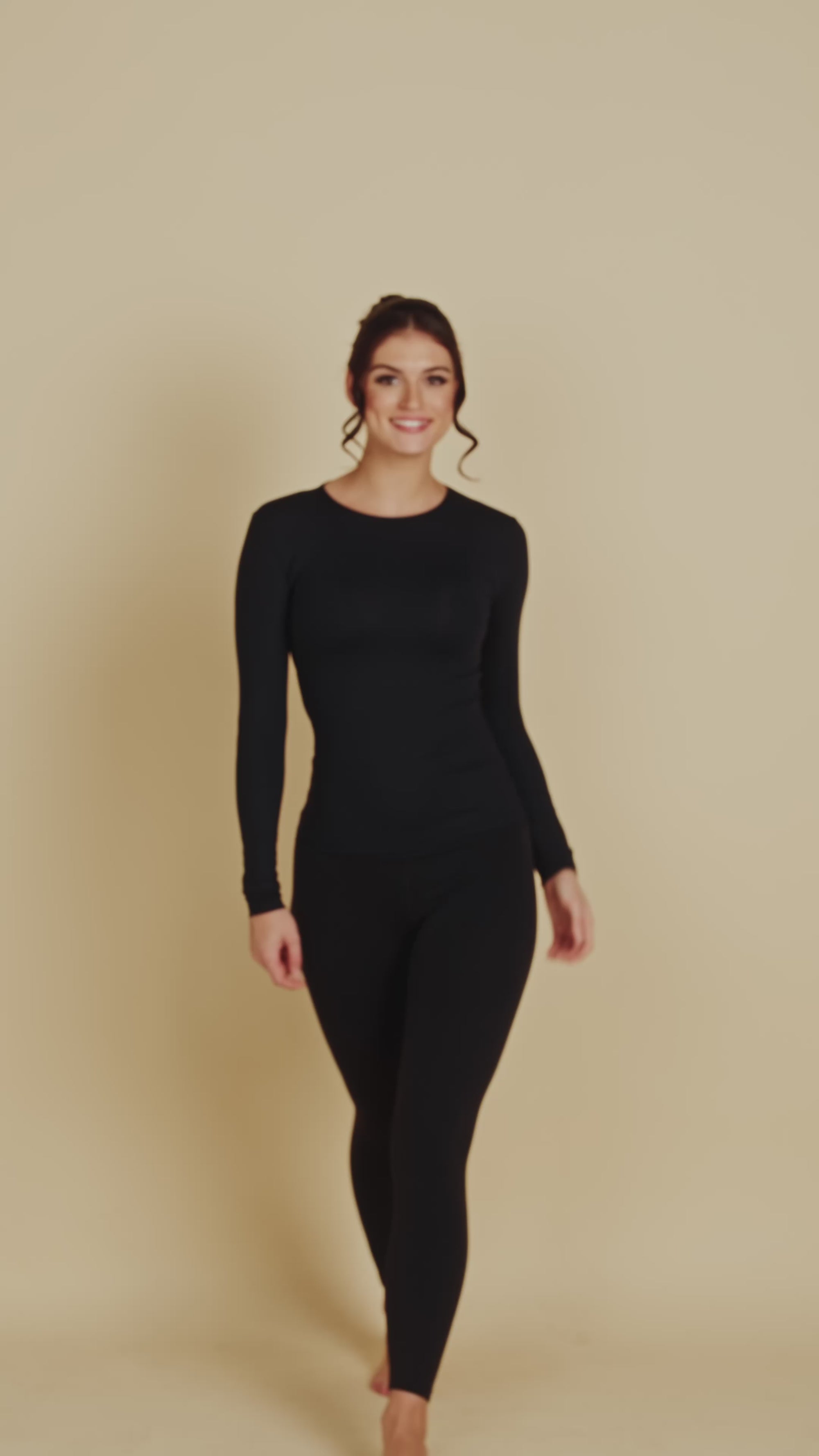 Long Sleeve Crew Neck Luxury Layering Top or Shell in Black made sustainably in the USA by Adea Clothing with silky soft Italian fabric runway video