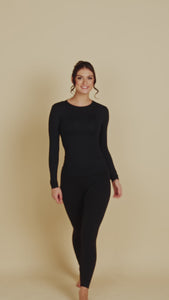 Long Sleeve Crew Neck Luxury Layering Top or Shell in Black made sustainably in the USA by Adea Clothing with silky soft Italian fabric runway video