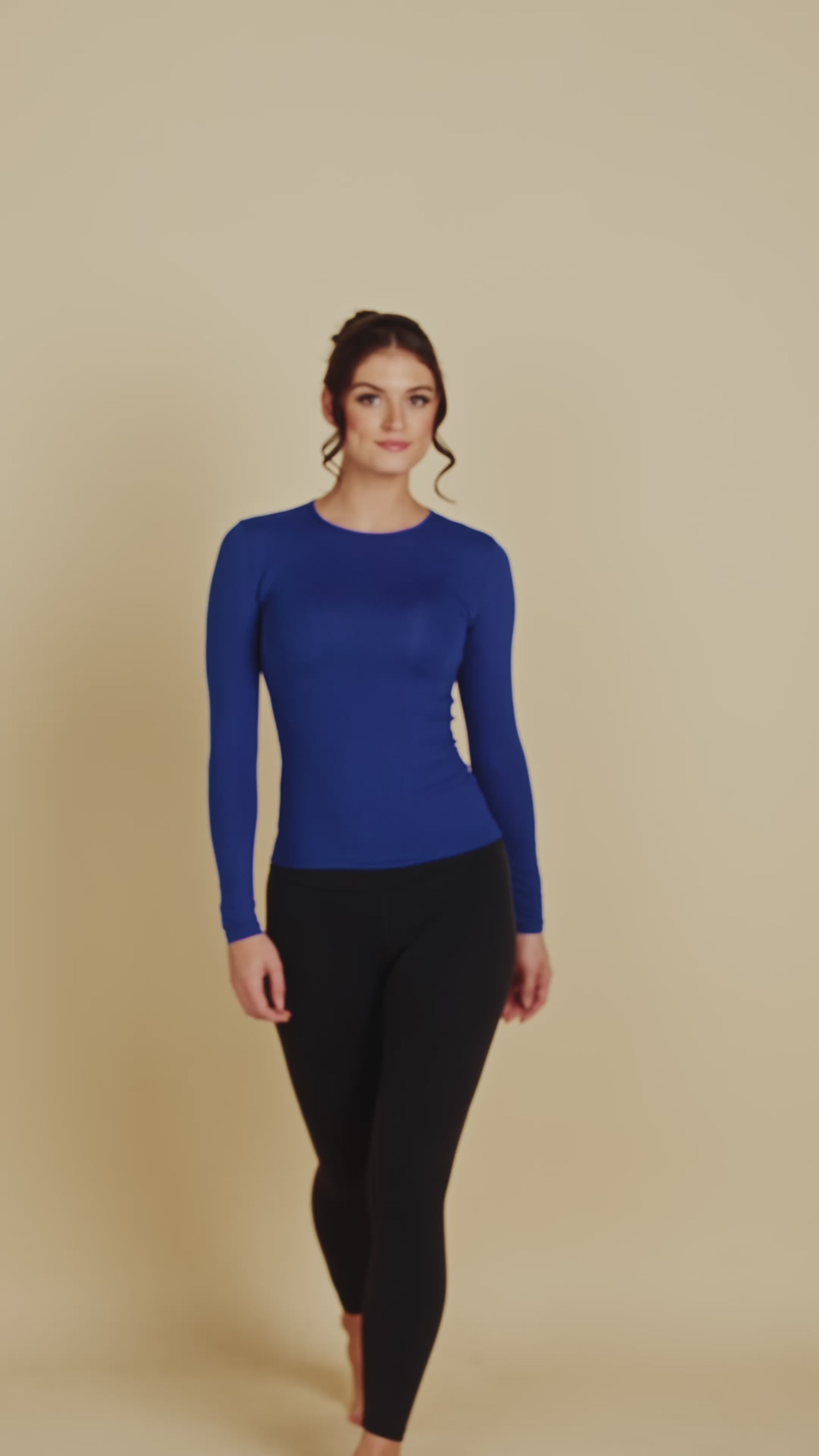 Long Sleeve Crew Neck Luxury Layering Top or Shell in Plum made sustainably in the USA by Adea Clothing with silky soft Italian fabric runway video.